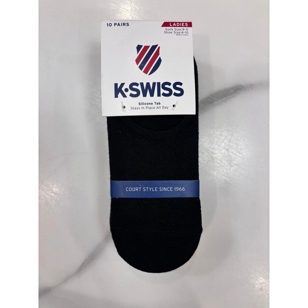K-Swiss Ladies No Show Liner Socks 10 Pairs Black Silicone Tab Size 4-10